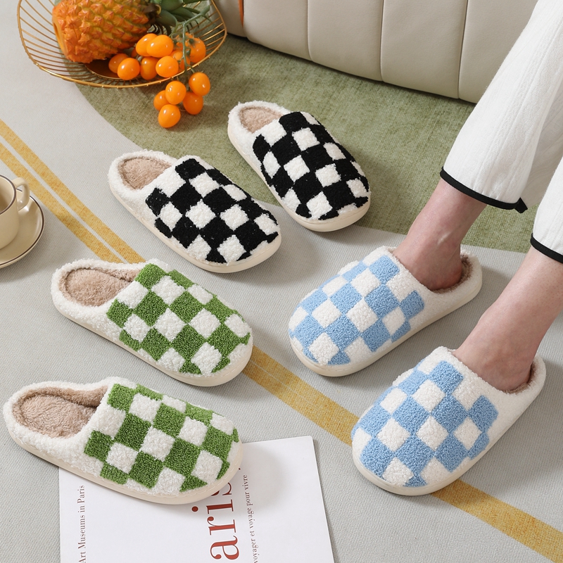 Adults’ Blue Checker   Winter Indoor Plush Slipper