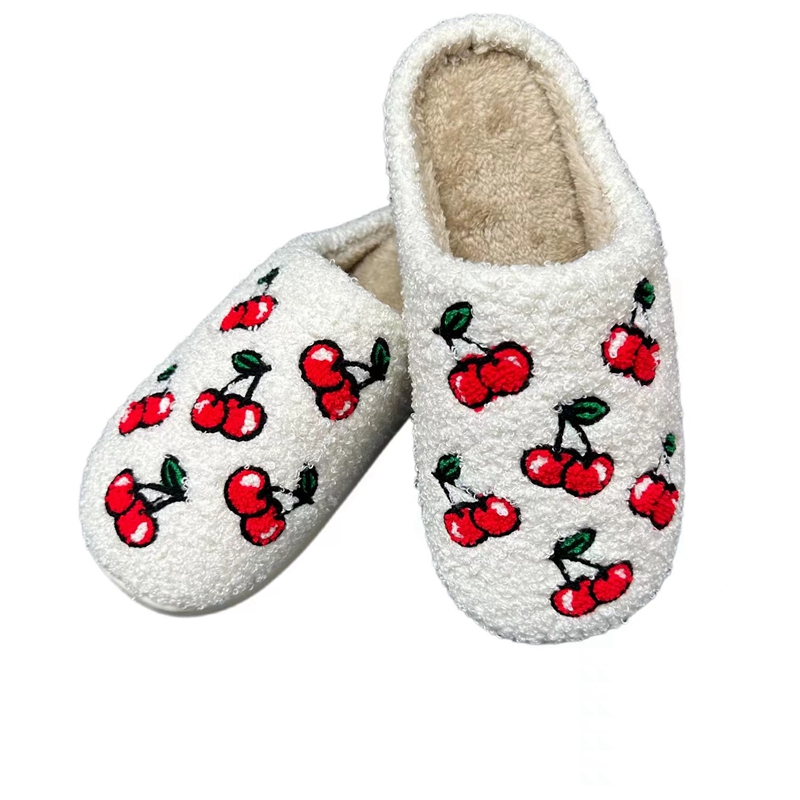 Women’s Cherry Embroidery Winter Indoor Plush Slipper