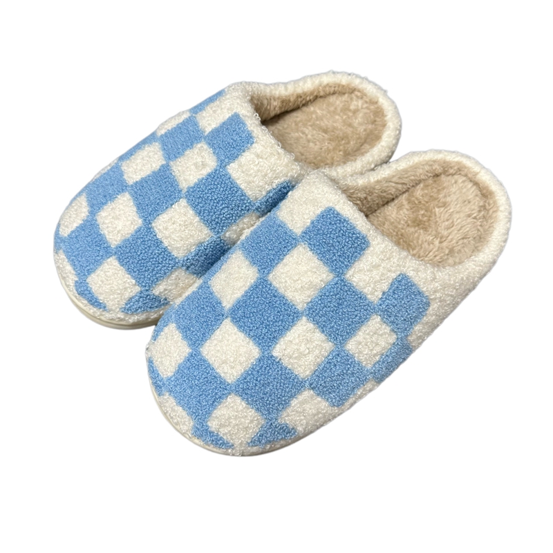 Adults’ Blue Checker   Winter Indoor Plush Slipper