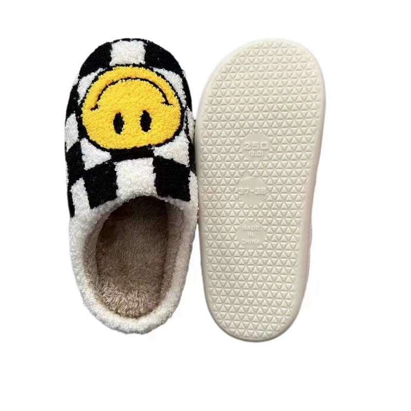 Adults’ Black Checker Smile  Winter Indoor Plush Slipper