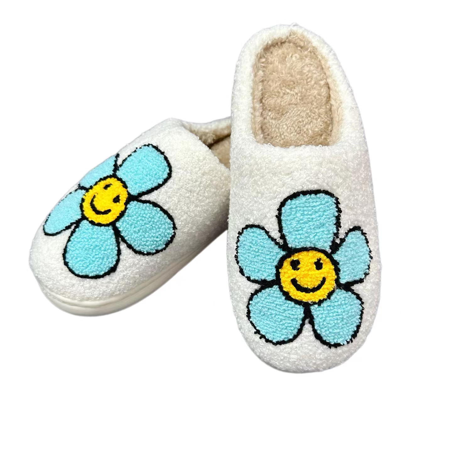Women’s  Cute Smile Blue Flower Winter Indoor Plush Slipper