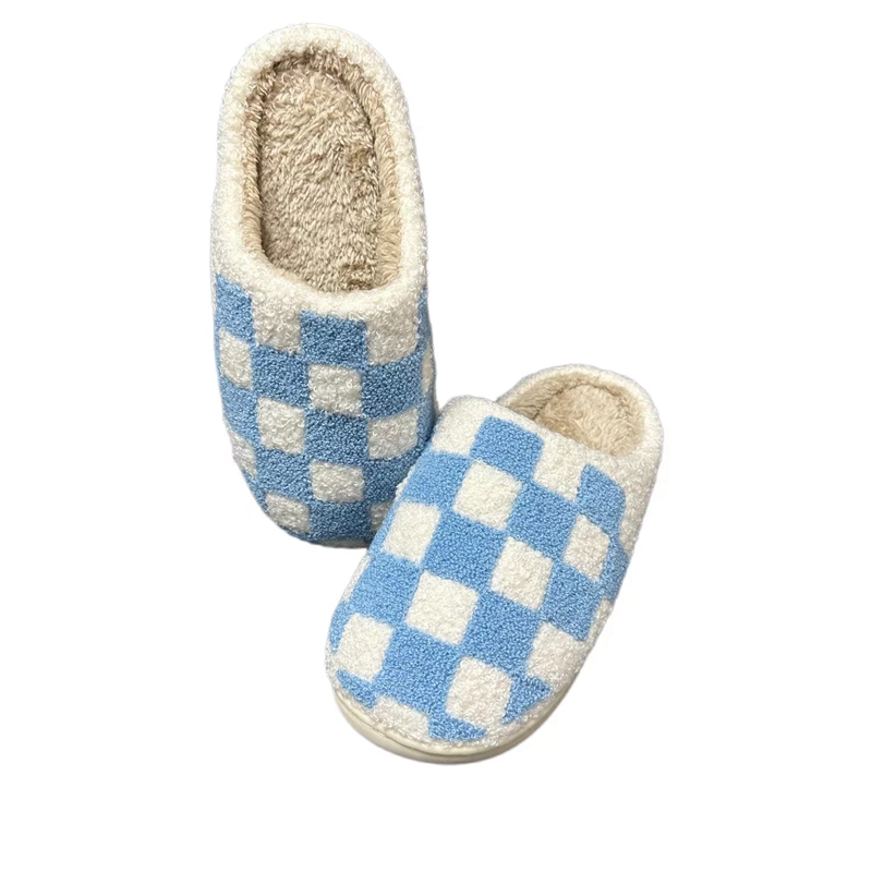 Adults’ Blue Checker   Winter Indoor Plush Slipper