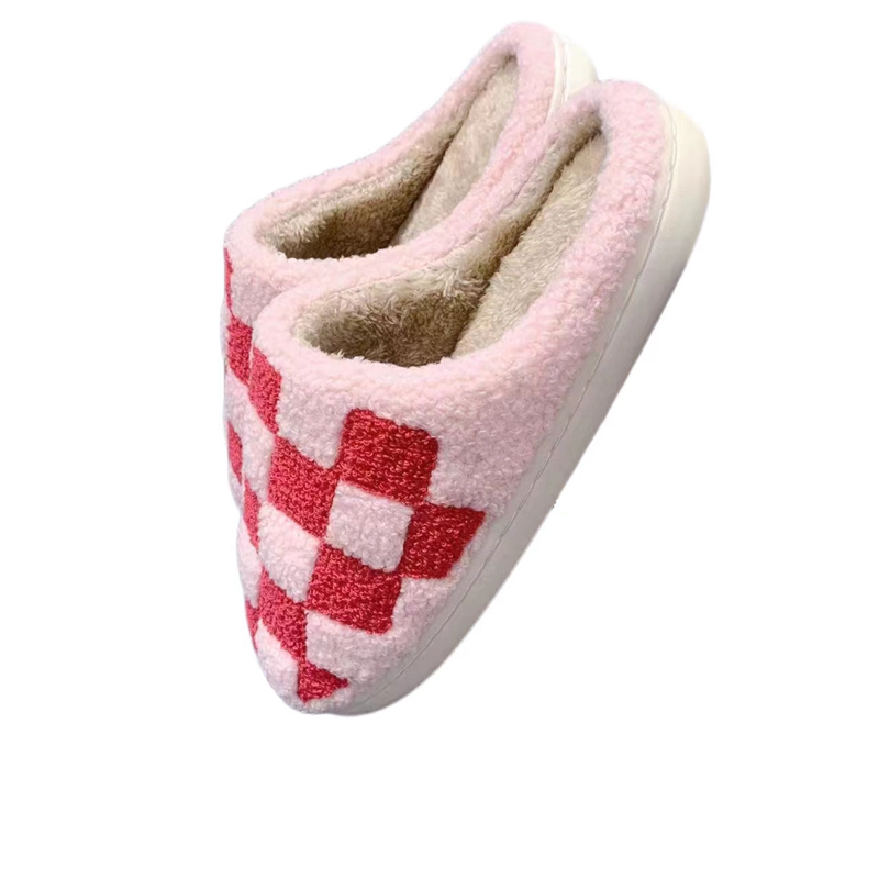 Women’s Pink Checker   Winter Indoor Plush Slipper