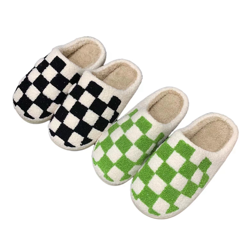 Adults’ Black Checker  Winter Indoor Plush Slipper