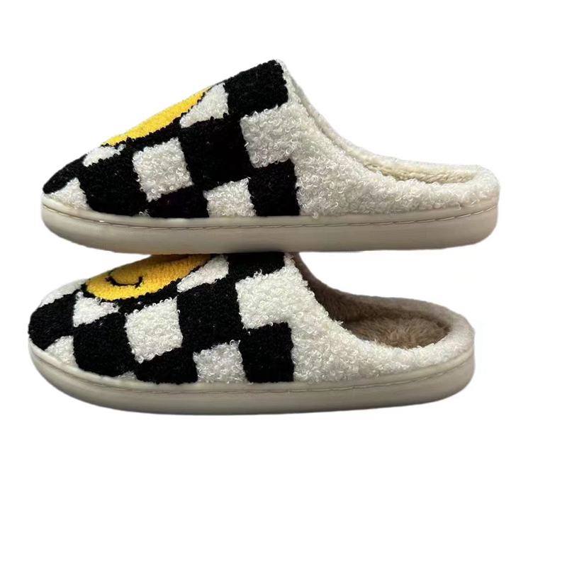 Adults’ Black Checker Smile  Winter Indoor Plush Slipper