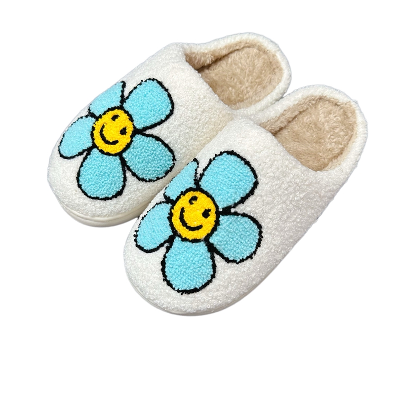 Women’s  Cute Smile Blue Flower Winter Indoor Plush Slipper