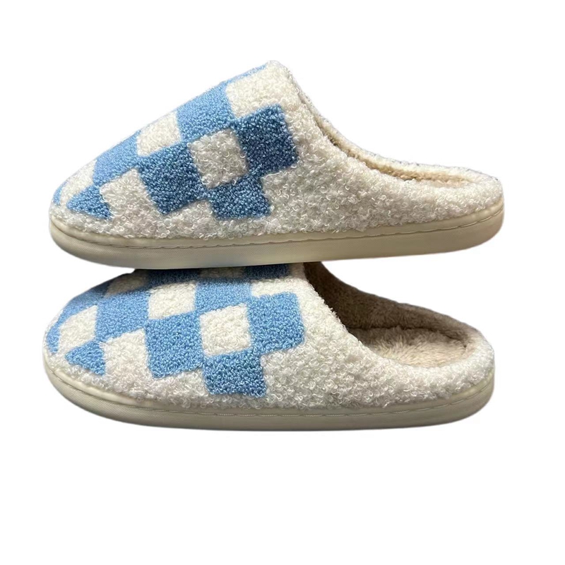 Adults’ Blue Checker   Winter Indoor Plush Slipper