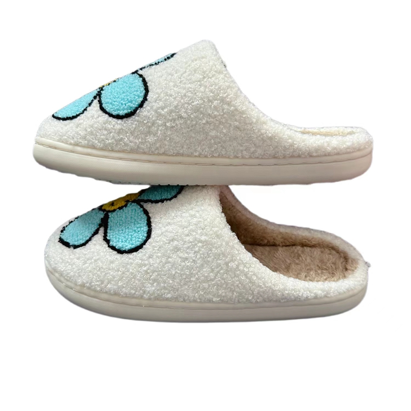 Women’s  Cute Smile Blue Flower Winter Indoor Plush Slipper
