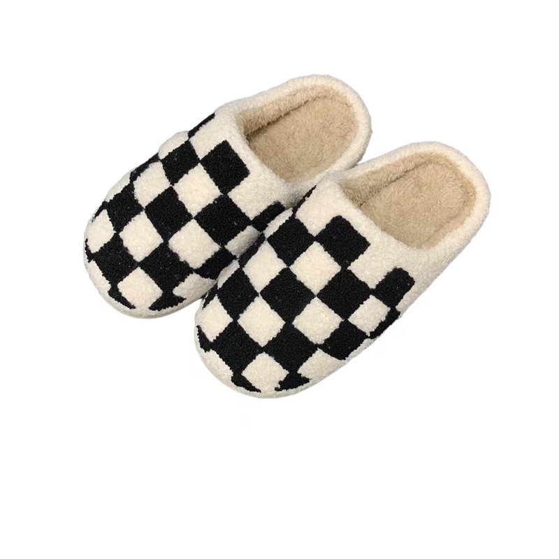 Adults’ Black Checker  Winter Indoor Plush Slipper