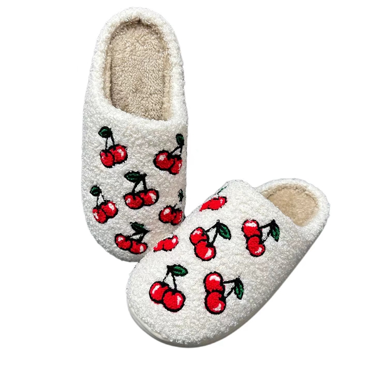 Women’s Cherry Embroidery Winter Indoor Plush Slipper