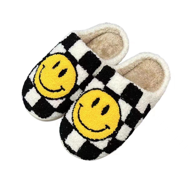 Adults’ Black Checker Smile  Winter Indoor Plush Slipper