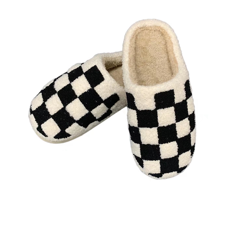 Adults’ Black Checker  Winter Indoor Plush Slipper