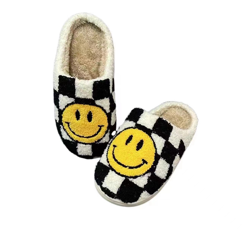 Adults’ Black Checker Smile  Winter Indoor Plush Slipper