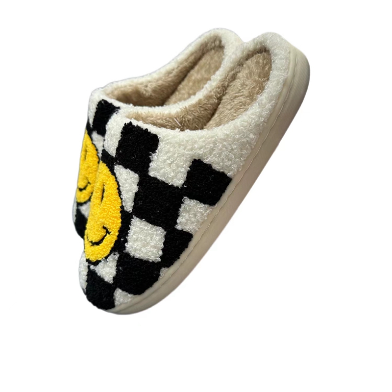 Adults’ Black Checker Smile  Winter Indoor Plush Slipper