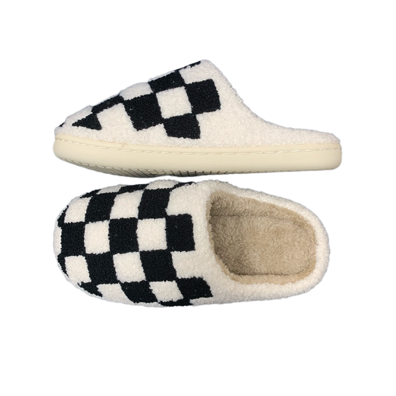 Adults’ Black Checker  Winter Indoor Plush Slipper