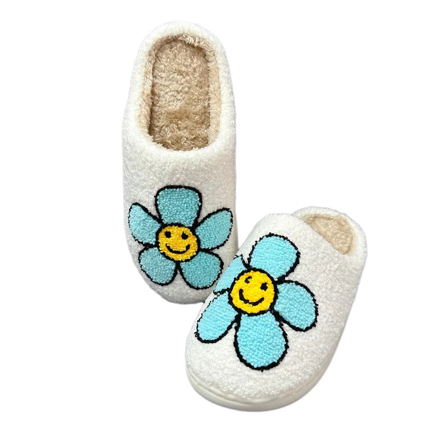 Women’s  Cute Smile Blue Flower Winter Indoor Plush Slipper