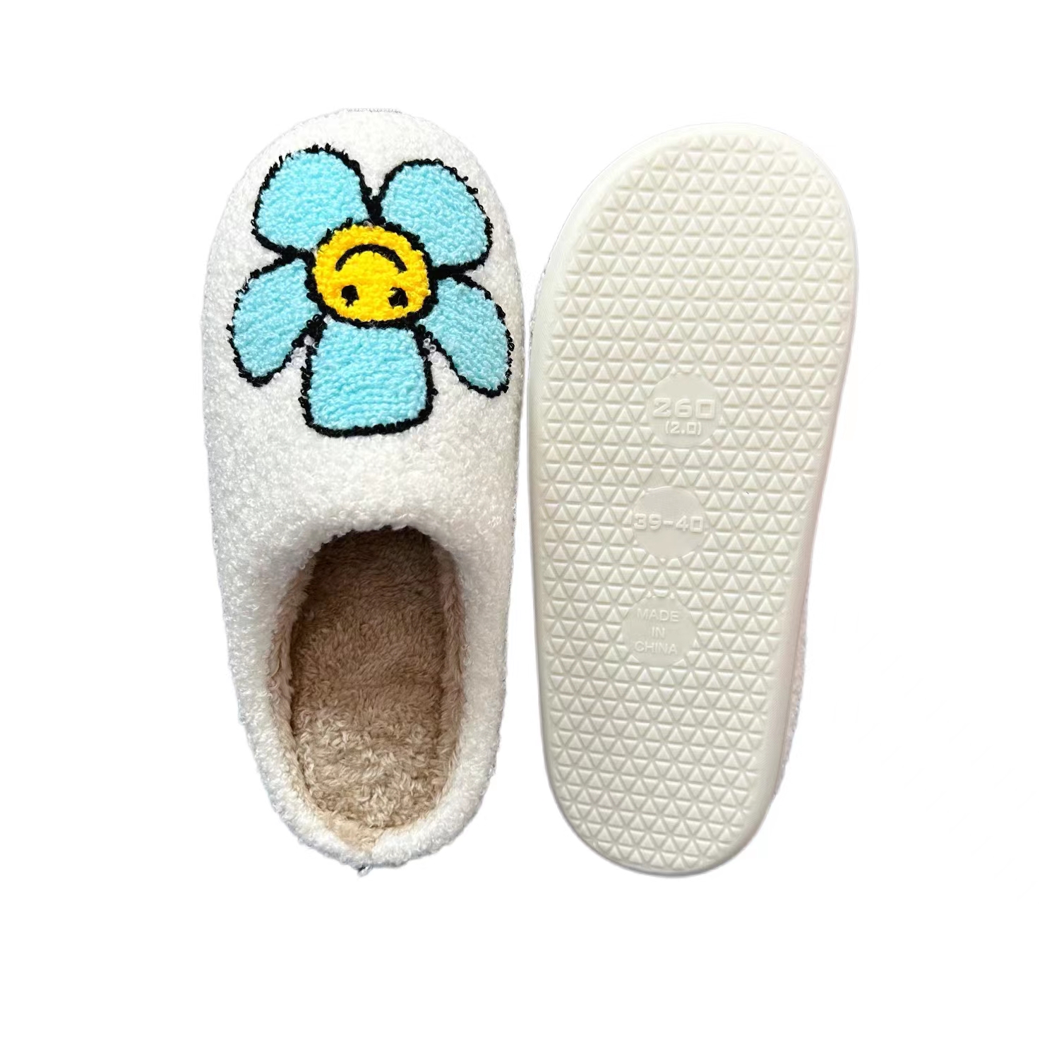 Women’s  Cute Smile Blue Flower Winter Indoor Plush Slipper