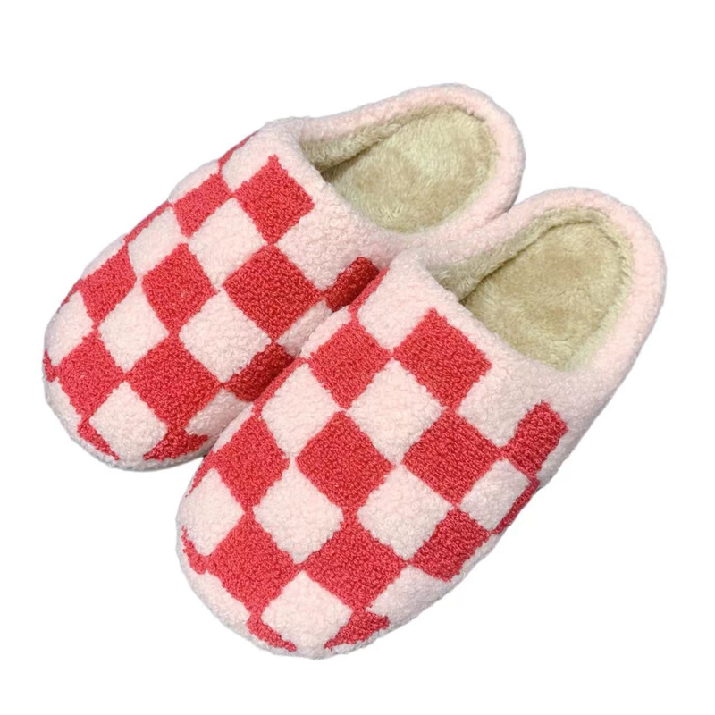 Women’s Pink Checker   Winter Indoor Plush Slipper