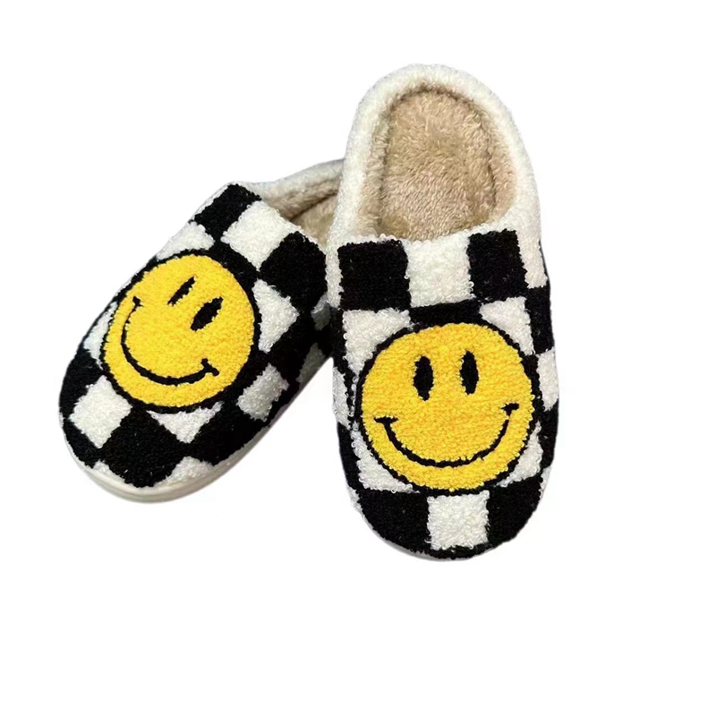 Adults’ Black Checker Smile  Winter Indoor Plush Slipper