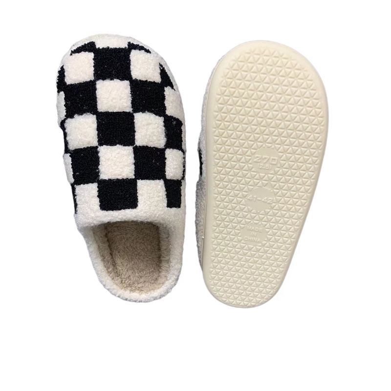 Adults’ Black Checker  Winter Indoor Plush Slipper