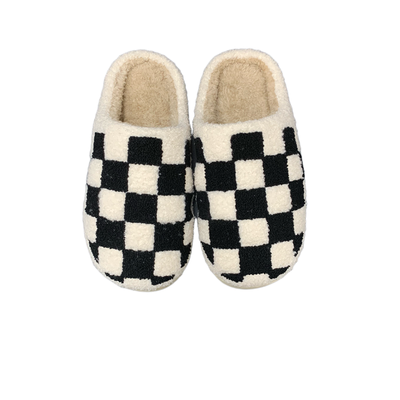 Adults’ Black Checker  Winter Indoor Plush Slipper