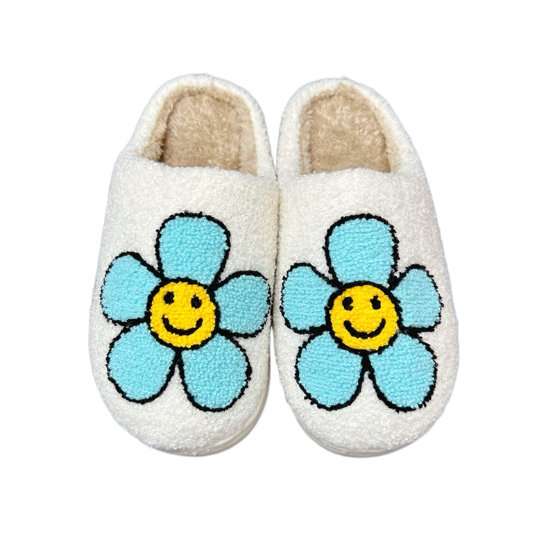 Women’s  Cute Smile Blue Flower Winter Indoor Plush Slipper