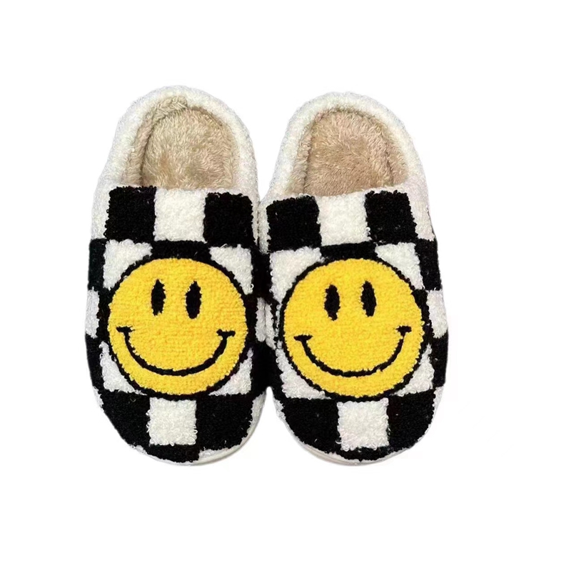 Adults’ Black Checker Smile  Winter Indoor Plush Slipper