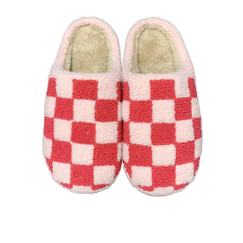 Women’s Pink Checker   Winter Indoor Plush Slipper